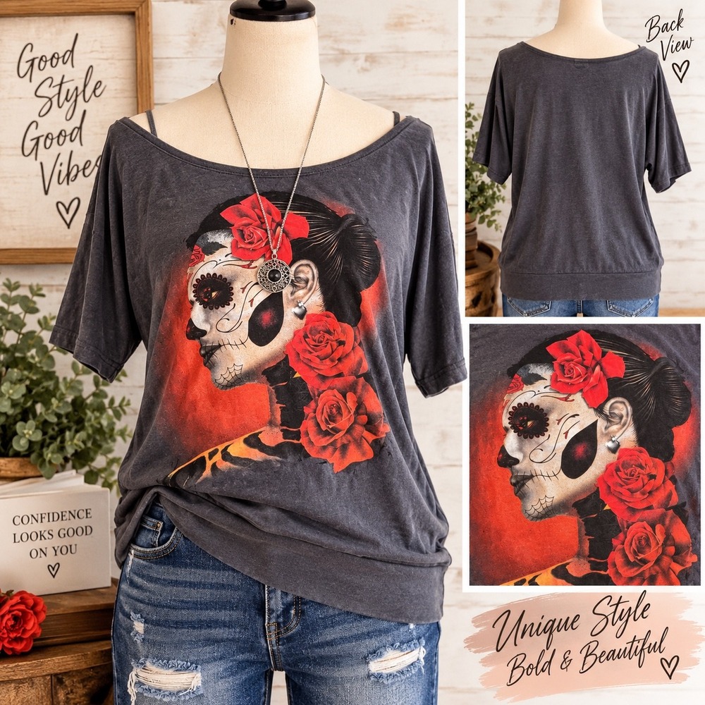 Day of the Dead Sugar Skull Rose Graphic Top Gray Scoop Neck Short Sleeve Size 1